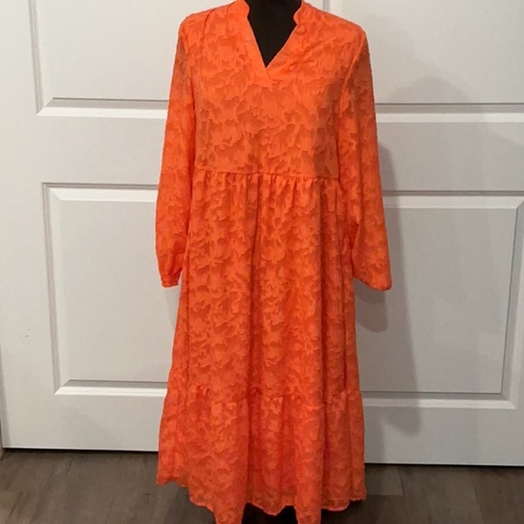 SHEIN Neon Orange Long Sleeve Dress Flowy Tiered Modest Boho Size Medium - Picture 1 of 13